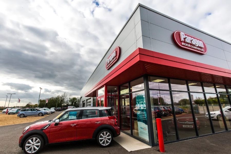 Showroom entrance at Paragon Motor Co in Wisbech, where customers collect their cars