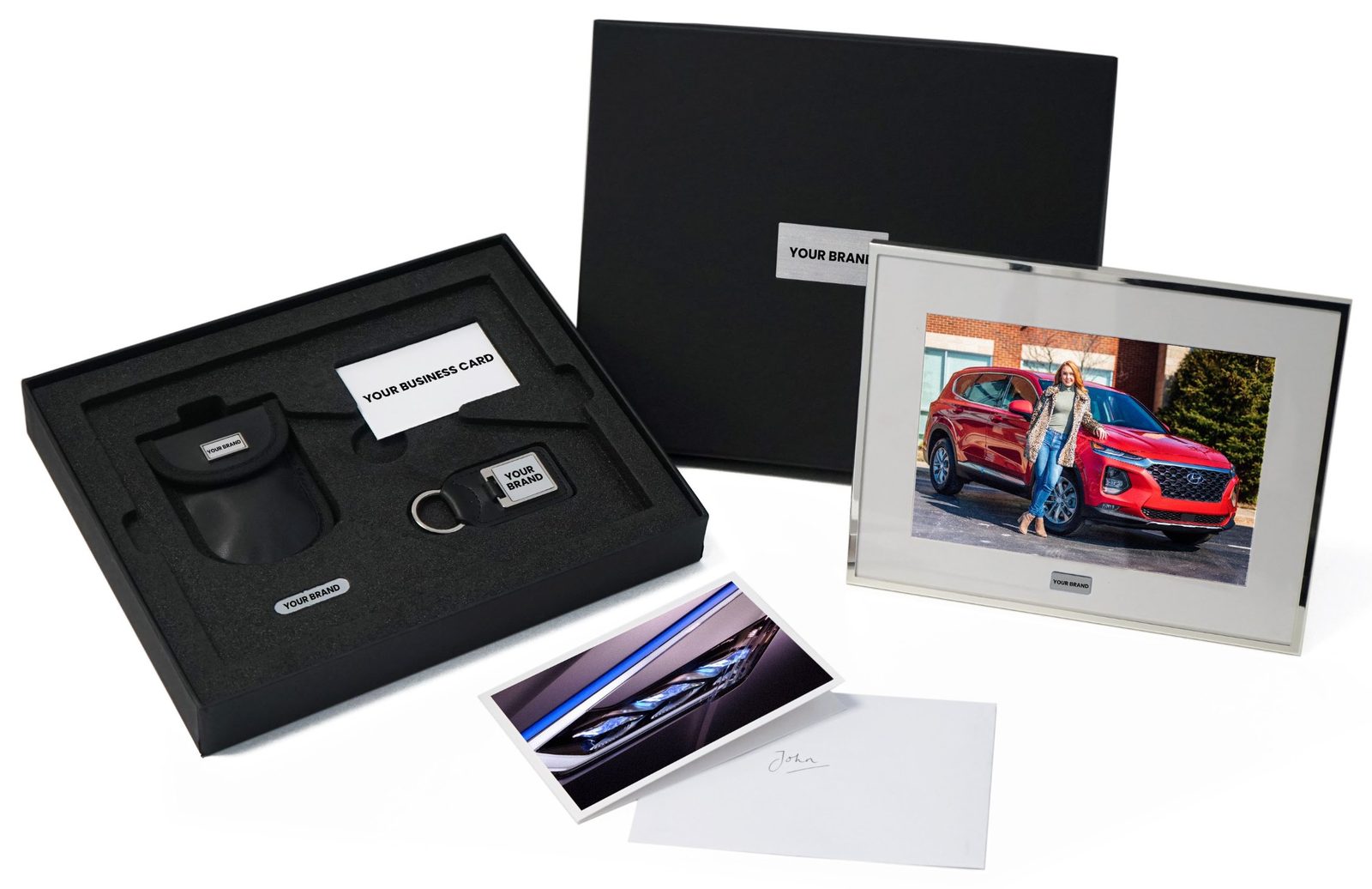 The Silverstone presentation box with RFID pouch, keyring, photo frame and thank-you card